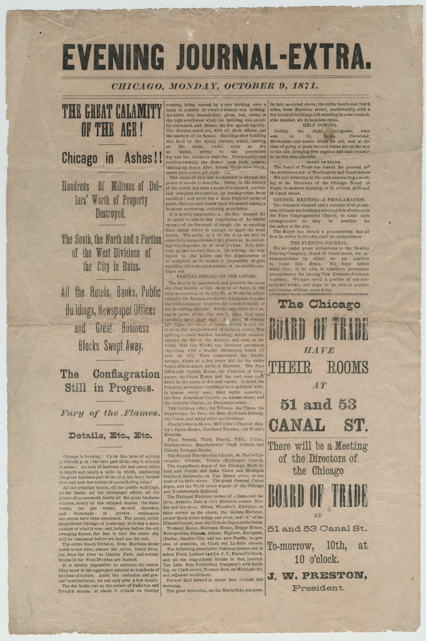 A Chicago Evening Journal-Extra cikke az 1871-es chicagói tűzvészről, 1871. október 9. (újságpapír) alkotó: American School