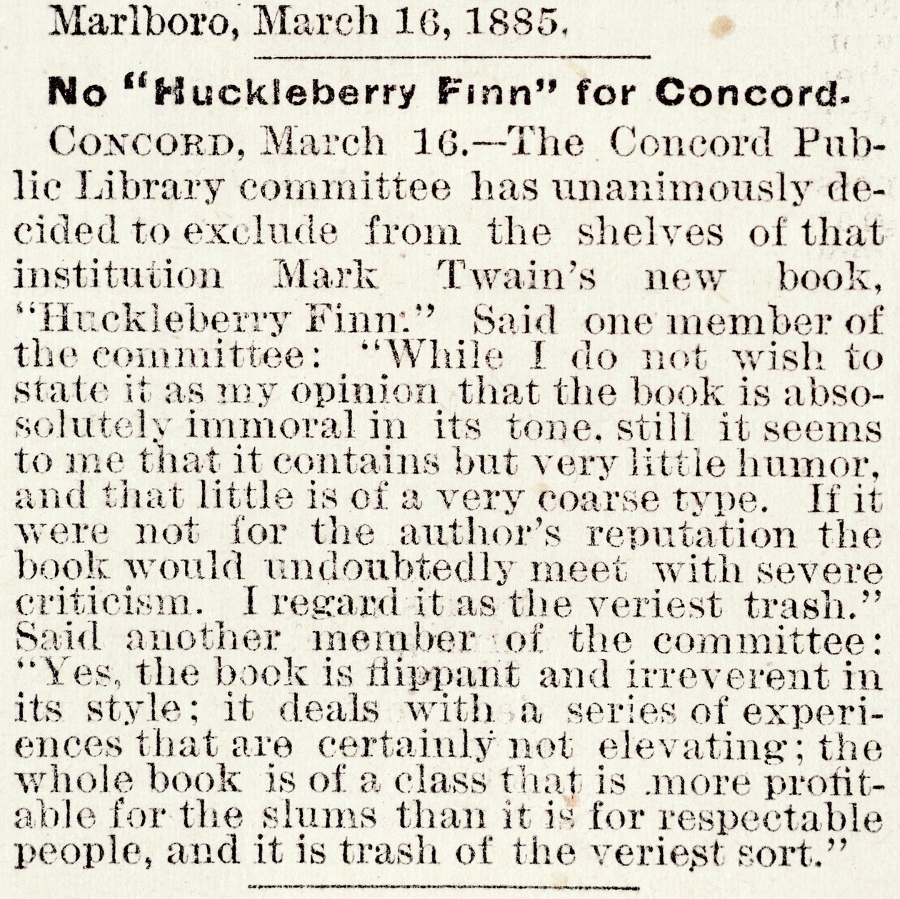 Cikk a Boston Daily Globe-ban Huckleberry Finn Concordban (Massachusetts) 1885. március 16-tól való kitiltásáról (újságpapír) alkotó: American School