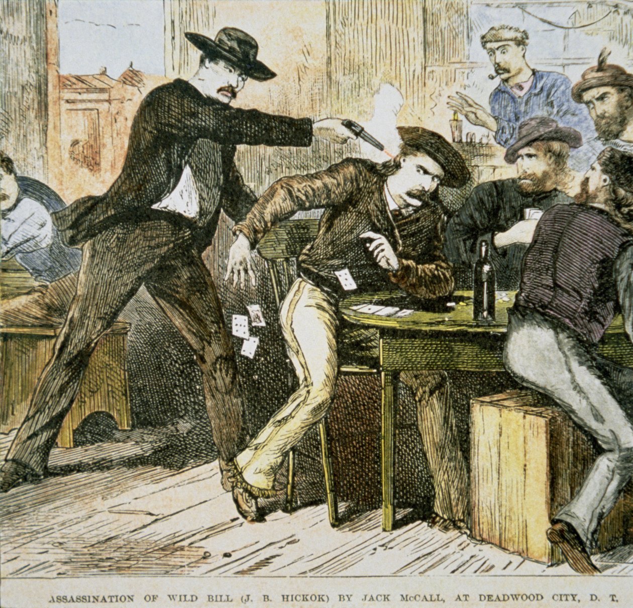 "Wild Bill" (W.B. Hickok) meggyilkolása Jack McCall által Deadwood Southban, Dakota Területen, 1876. augusztus 2. (színes litó) alkotó: American School