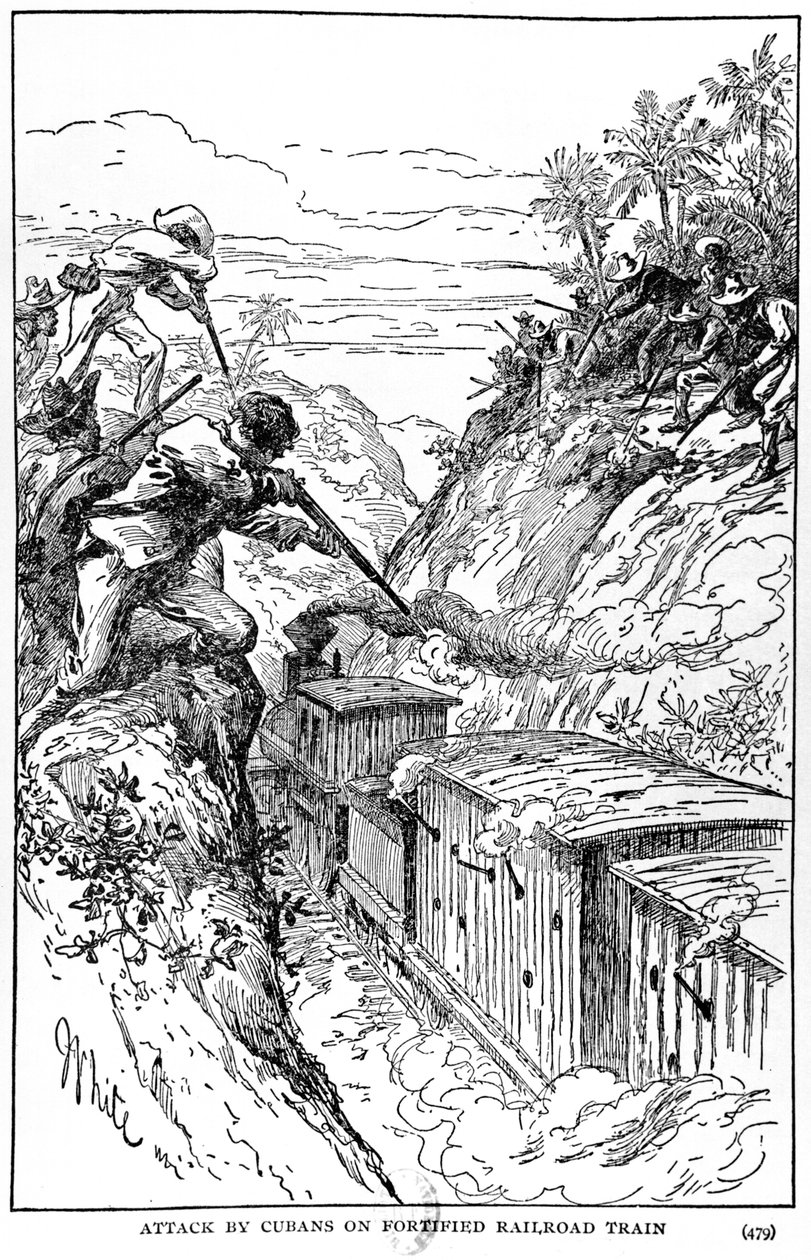 Kubaiak támadása egy megerősített vasúton, illusztrációja Murat Halstead Kuba történetéből, 1898-ban alkotó: American School