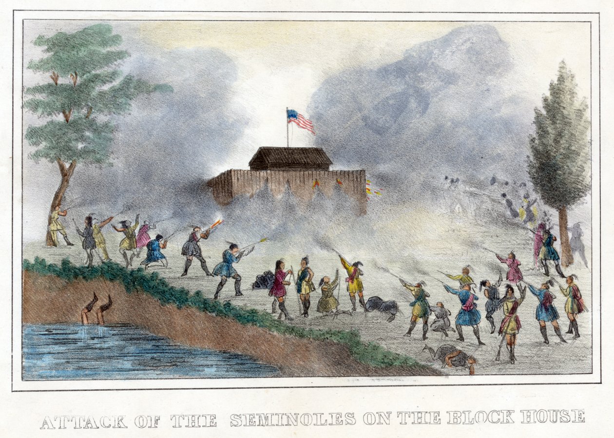 A Seminoles támadása a Block House ellen, kocsma. 1836 (kézzel színezett metszet) alkotó: American School