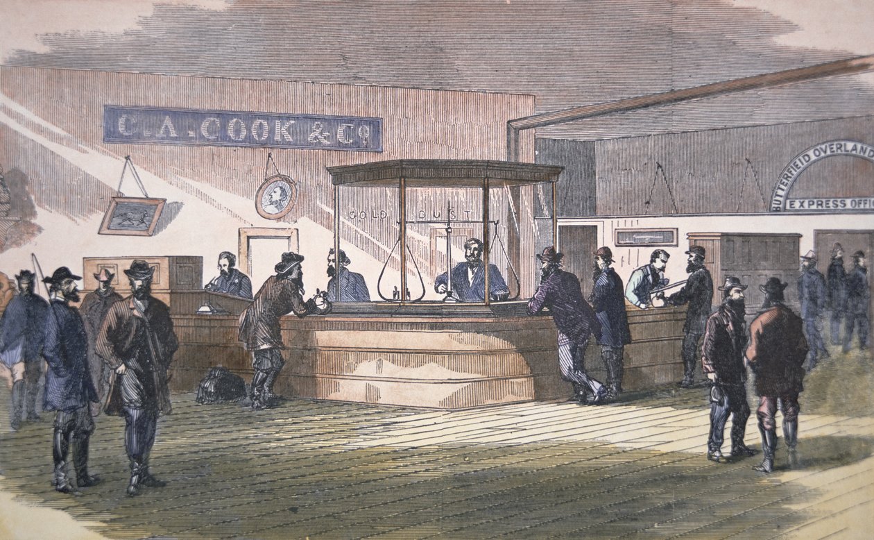 Bank San Franciscoban, 1860 körül (színes metszet) alkotó: American School