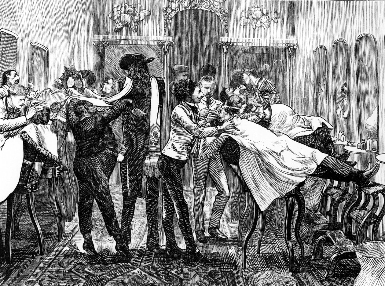 Barbers Saloon New Yorkban, 1870 alkotó: American School