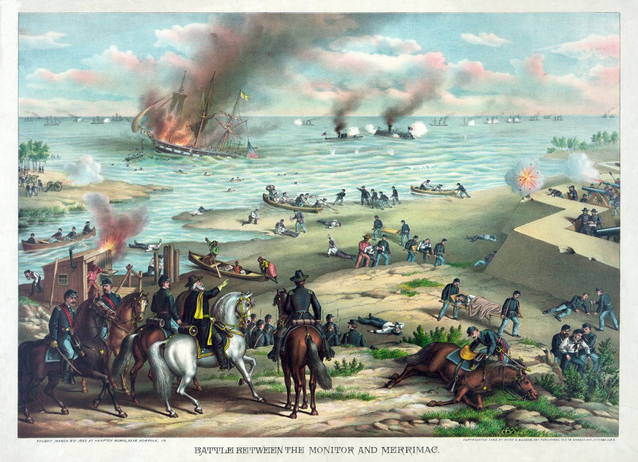 Battle Between the Monitor és Merrimac, 1862. március 9. a Hampton Roadsban, Norfolk közelében, Virginia államban, pub. Kurz és Allison, 1889 körül alkotó: American School