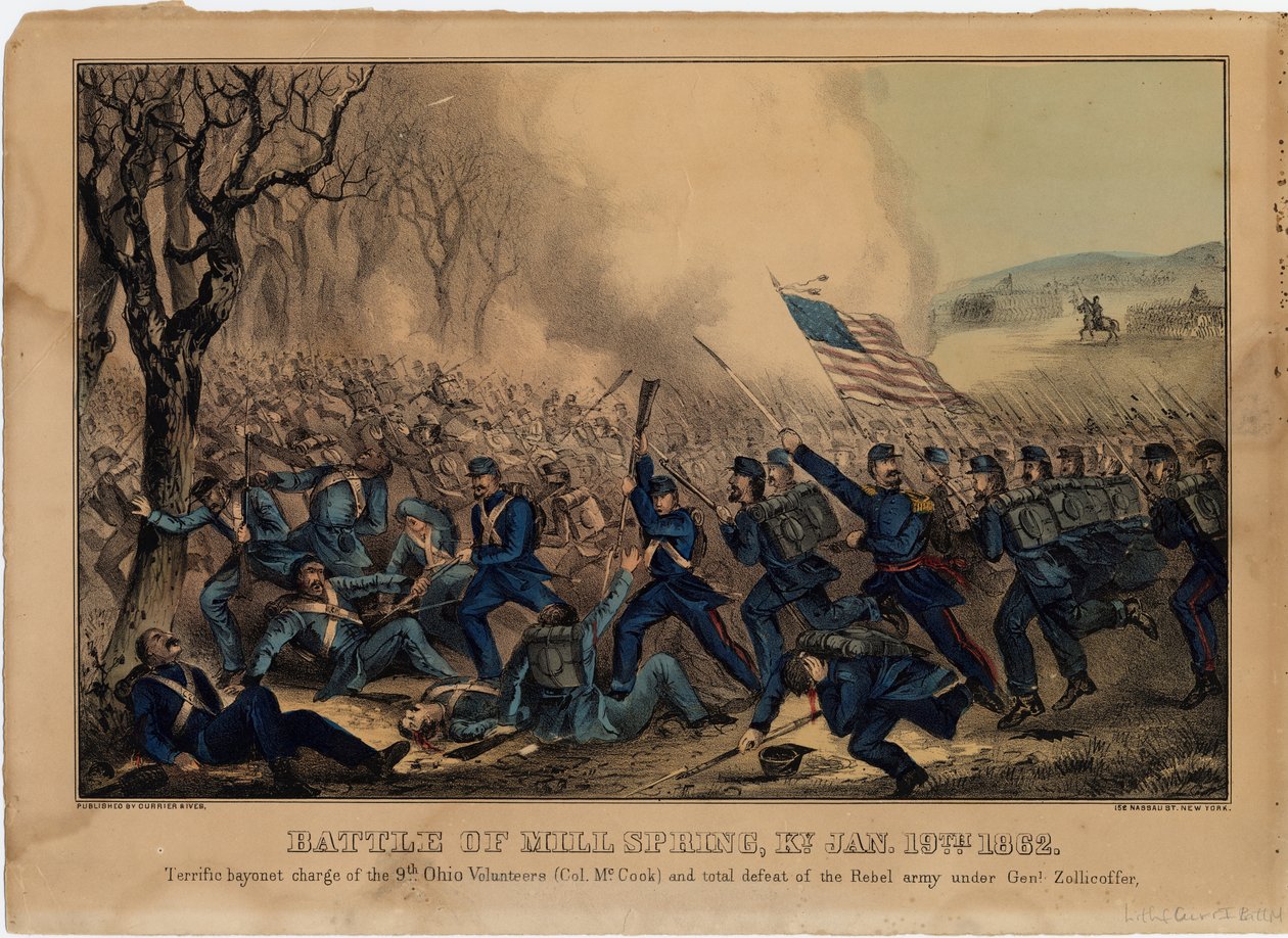 Mill Spring-i csata, Ky. 1862. január 19., pub. szerző: Currier & Ives, 1862 körül alkotó: American School