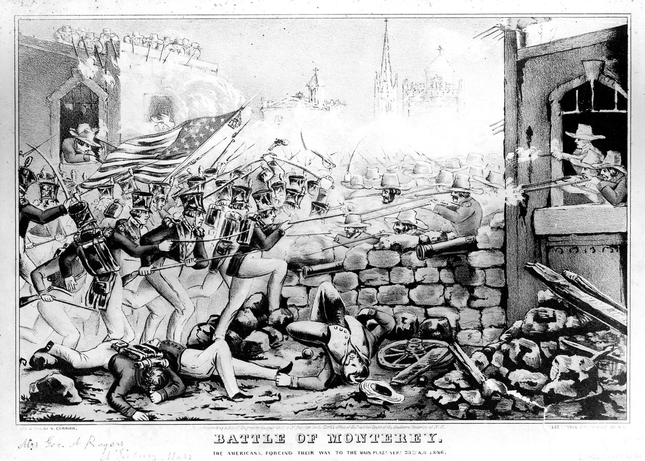 Monterey-i csata: Az amerikaiak a Main Plaza felé kényszerítik az utat, 1846. szeptember 23., vésett és kiadó: Nathanial Currier (1813-88) alkotó: American School