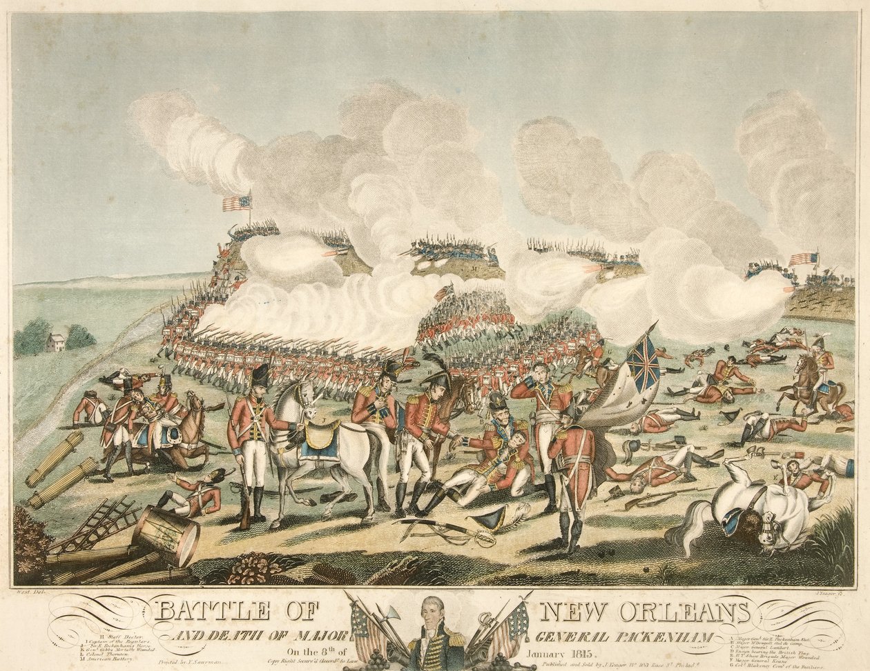 New Orleans-i csata és Packenham vezérőrnagy halála 1815. január 8-án, pub. 1815 (színes metszet) alkotó: American School