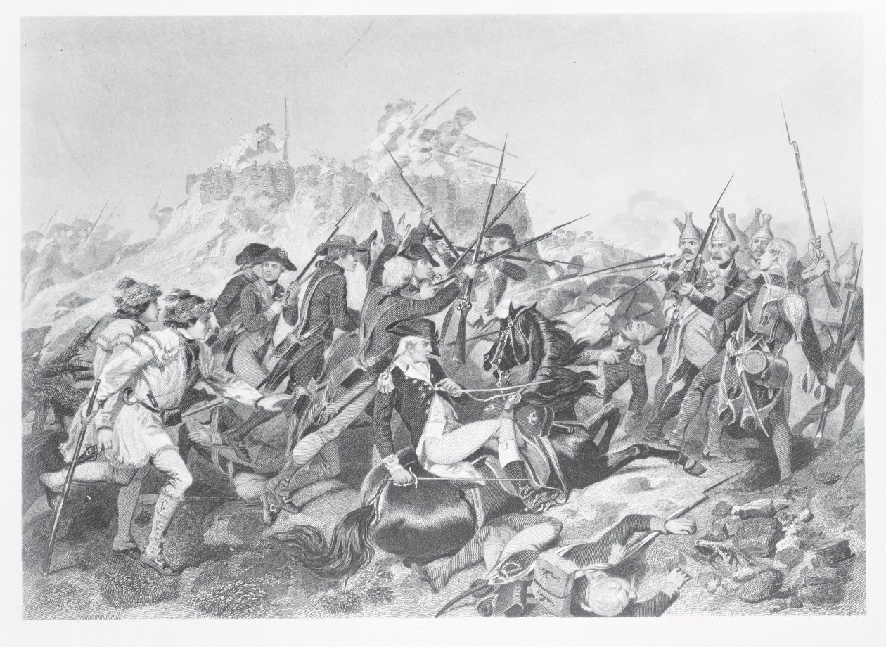 Saratoga-i csata – Arnold tábornok megsebesült a Hessian Redoubt elleni támadásban, 1777. október 17. alkotó: American School