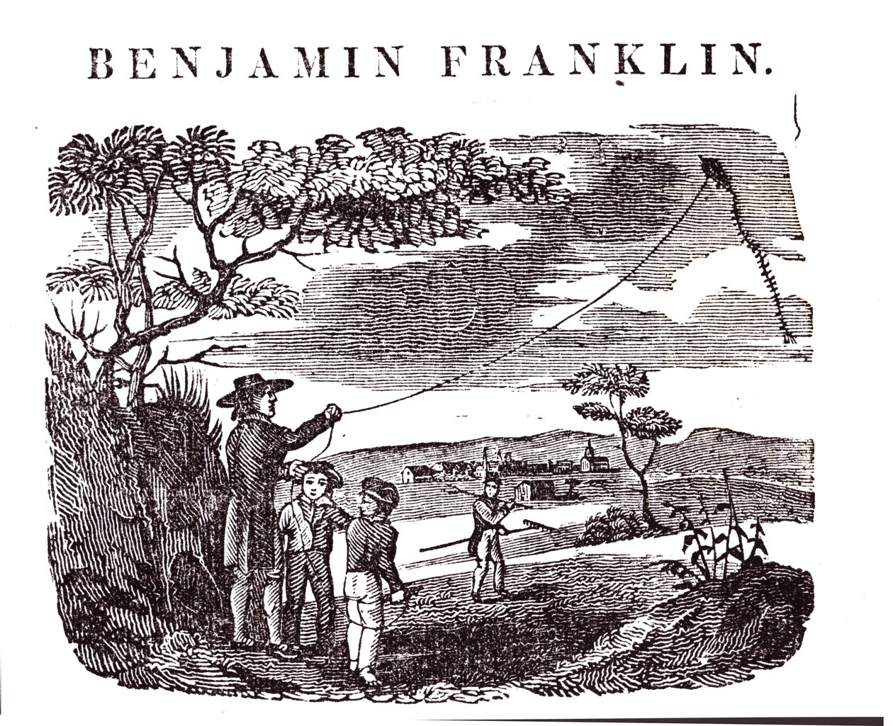 Benjamin Franklin (1706-90) sárkánykísérletét végzi alkotó: American School