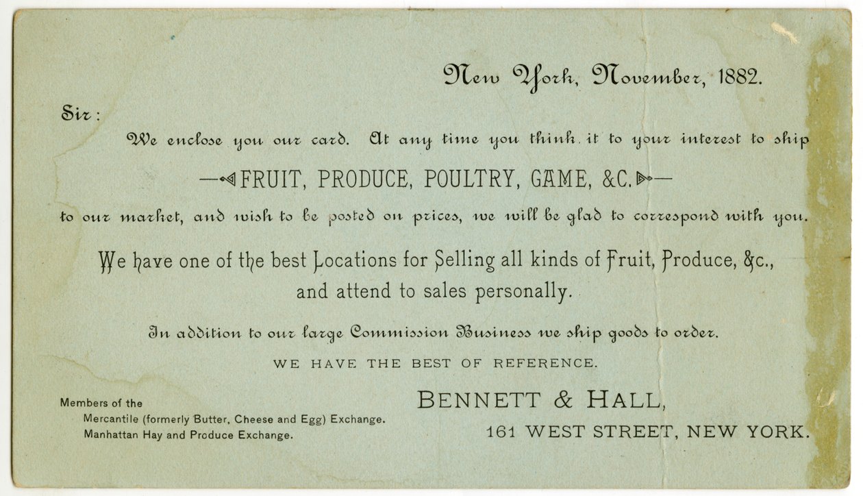 Bennett & Hall kereskedelmi kártya [verso], 1882 (metszett litográfia [kereskedelmi kártya]) alkotó: American School