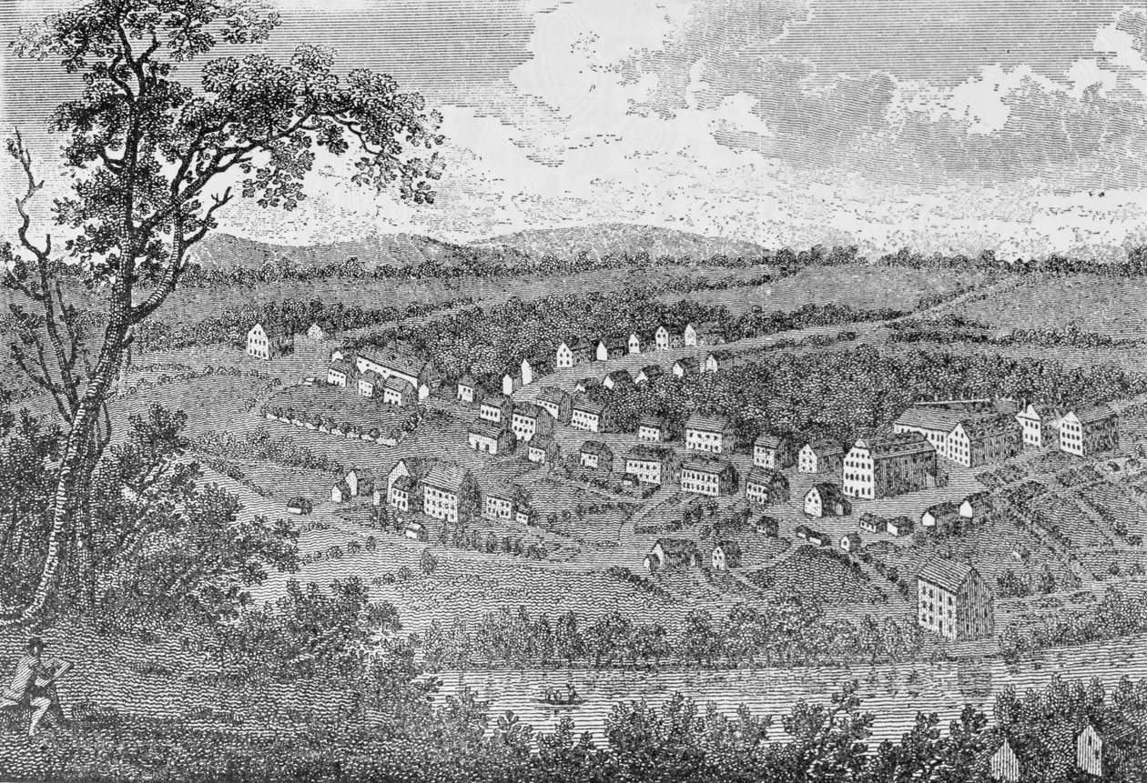 Betlehem, egy morva település Pennsylvaniában, Ralph Henry Gabriel „The Pageant of America, Vol.3” című művéből, 1926 alkotó: American School