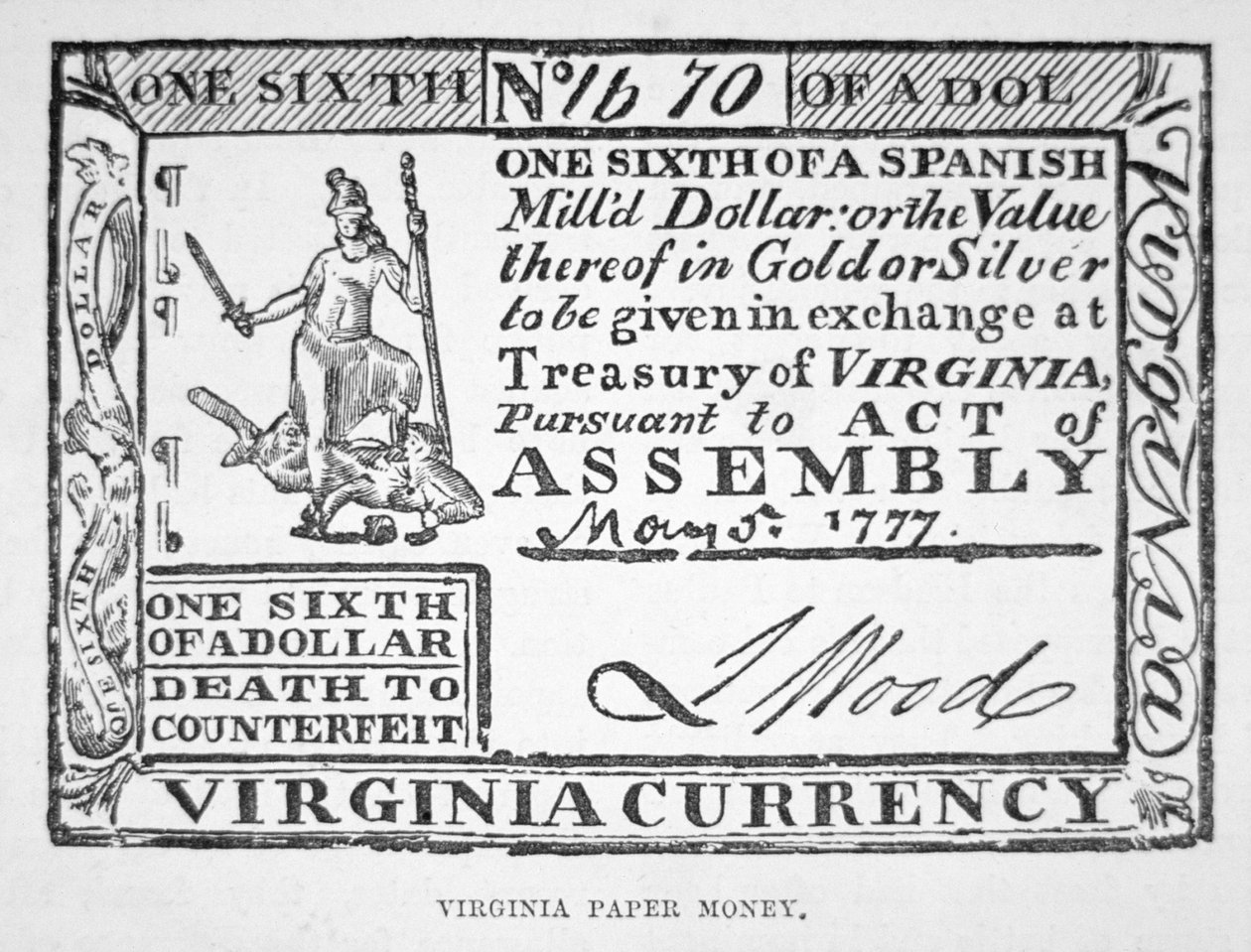 Számla egy hatod dollárért, Virginia 1777-es papírpénze (litho) alkotó: American School