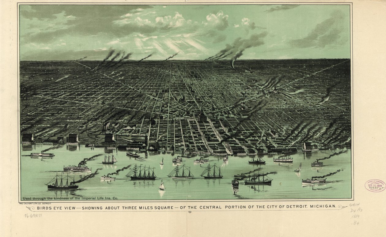 Madártávlati kép – körülbelül három négyzetmérföldnyire – Detroit város központi részének Michigan államban, 1889 körül (litho) alkotó: American School