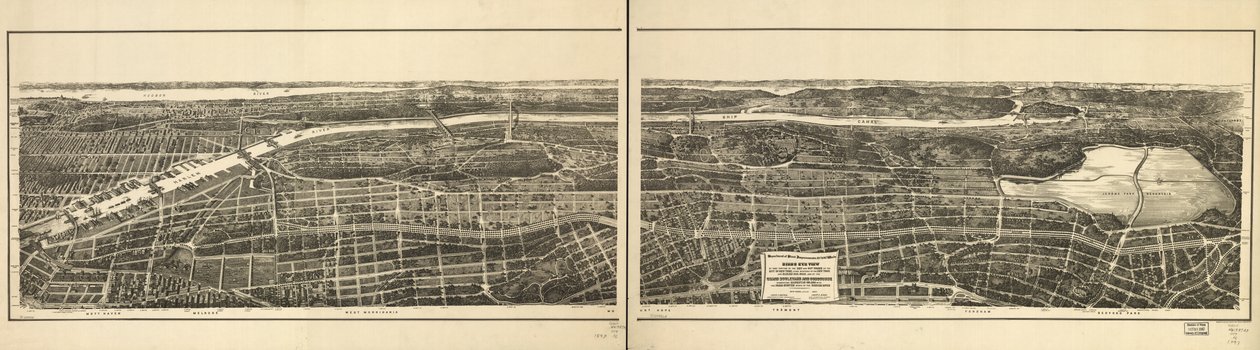 New York város 23. és 24. kerületének a New York és Harlem vasútvonaltól nyugatra fekvő része, valamint a Manhattan-szigetet a Harlem folyótól északra fekvő parkrendszerrel összekötő Grand Boulevard és Concourse madártávlatból történő megtekintése. alkotó: American School