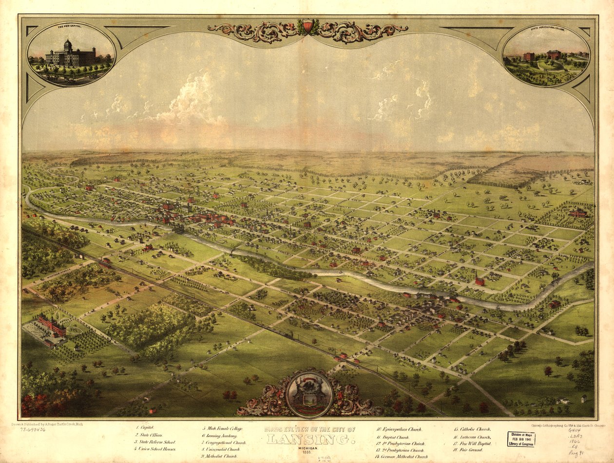 Madártávlatból Lansing városa, Michigan, 1866 (színes litó) alkotó: American School