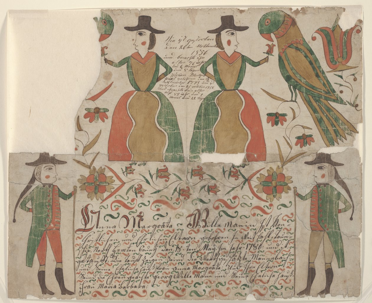 Anna Margräta Willeman születési és keresztelési anyakönyvi kivonata, Fraktur Painting, 1810 körül (toll és tinta WC-vel papíron) alkotó: American School