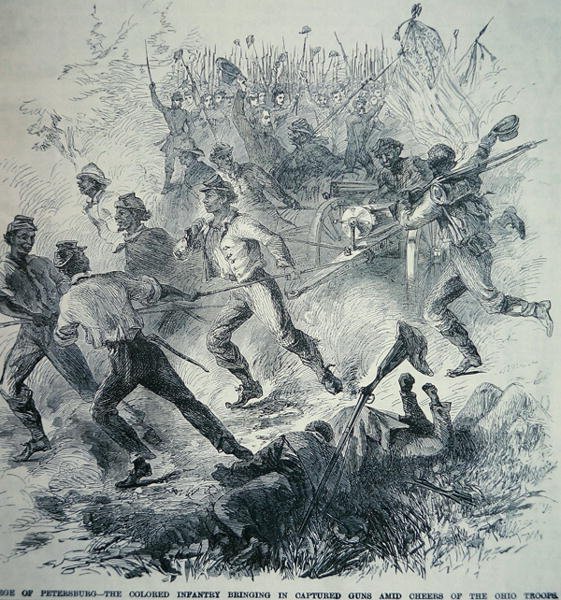 Az Unió hadseregének fekete csapatai Pétervár ostroma alatt (1864-65) elfogott fegyvereket hoznak be (litho) alkotó: American School
