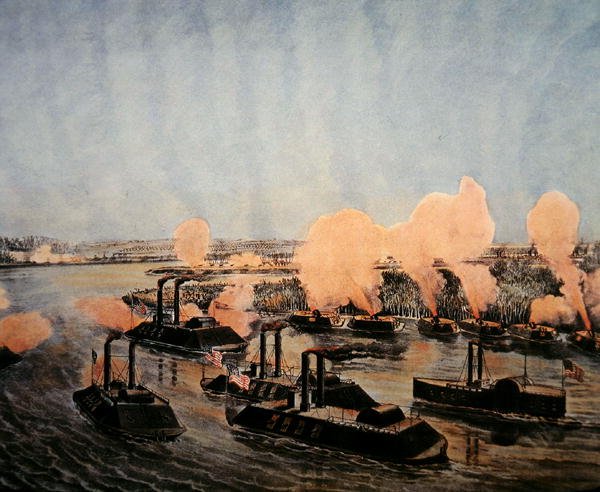 A Mississippi folyón fekvő "Tizedes szám" sziget bombázása és elfoglalása, 1862. április 7., kiadó: Currier & Ives (színes litho) alkotó: American School