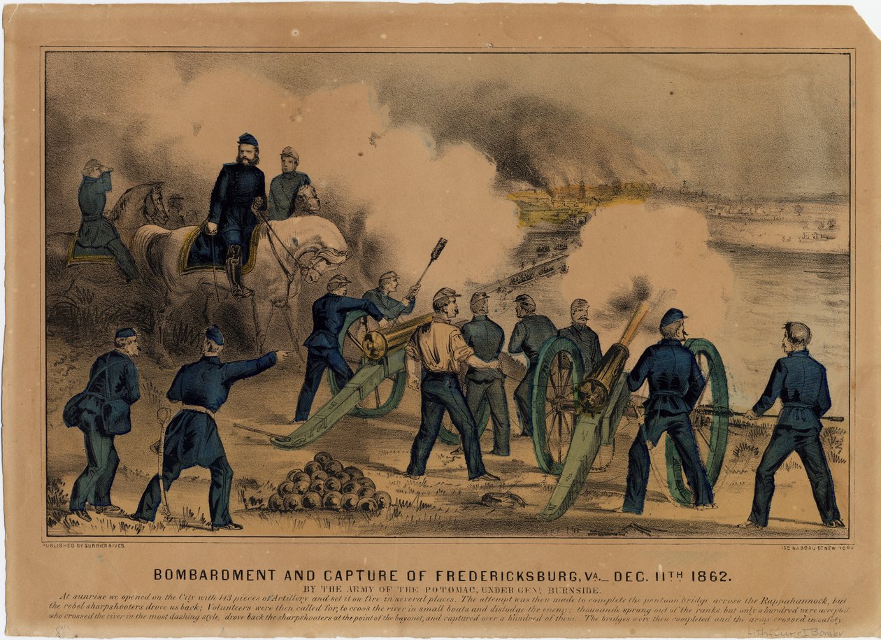 Fredericksburg bombázása és elfoglalása, Va. 1862. december 11., pub. szerző: Currier & Ives, 1862 körül alkotó: American School