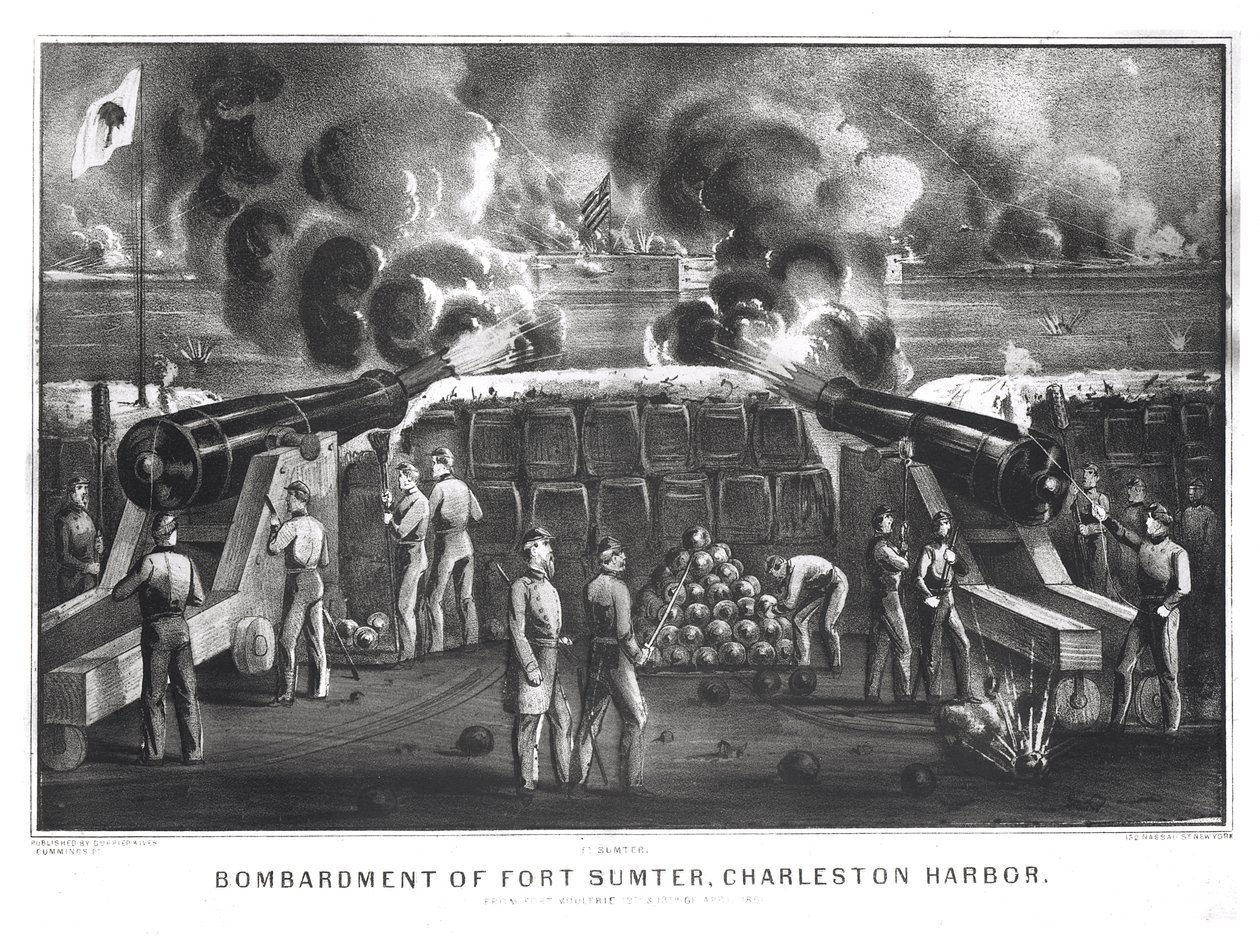Fort Sumter, Charleston kikötő bombázása Fort Moultrie-ből, 1861. április 12. és 13., pub. írta Currier és Ives alkotó: American School