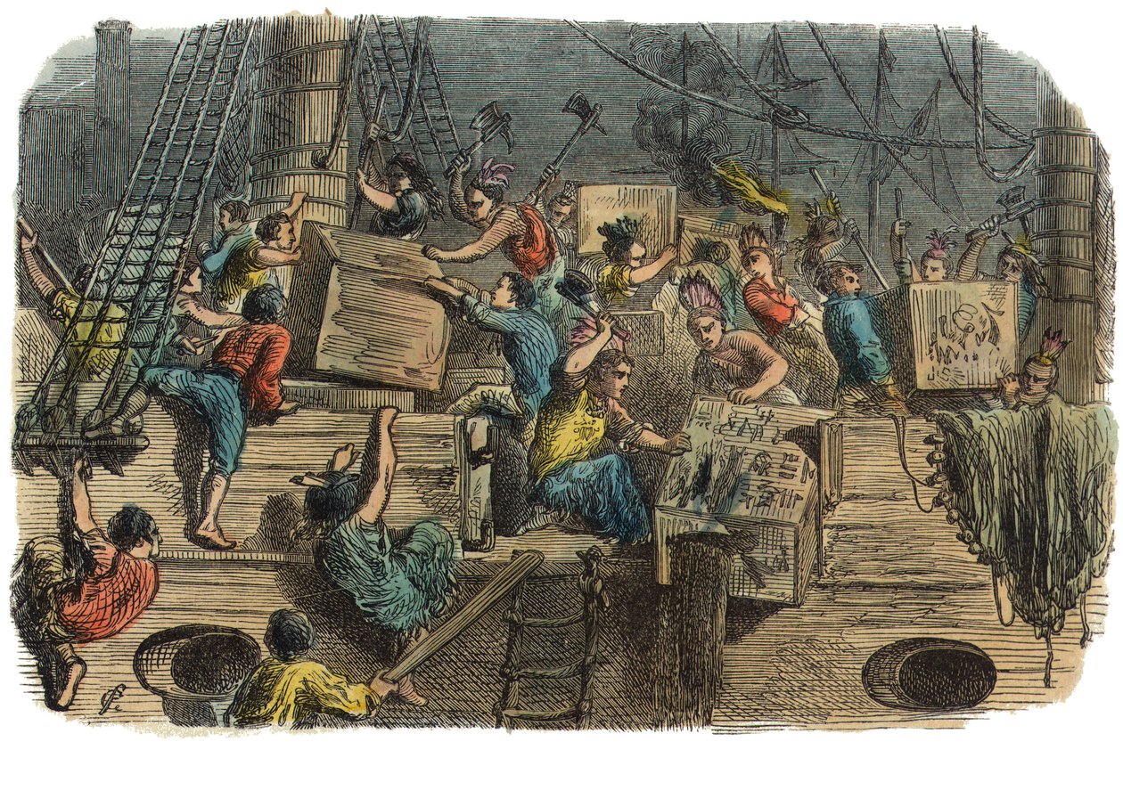 Boston Tea Party, 1860-as évek (kézzel színezett metszet) alkotó: American School