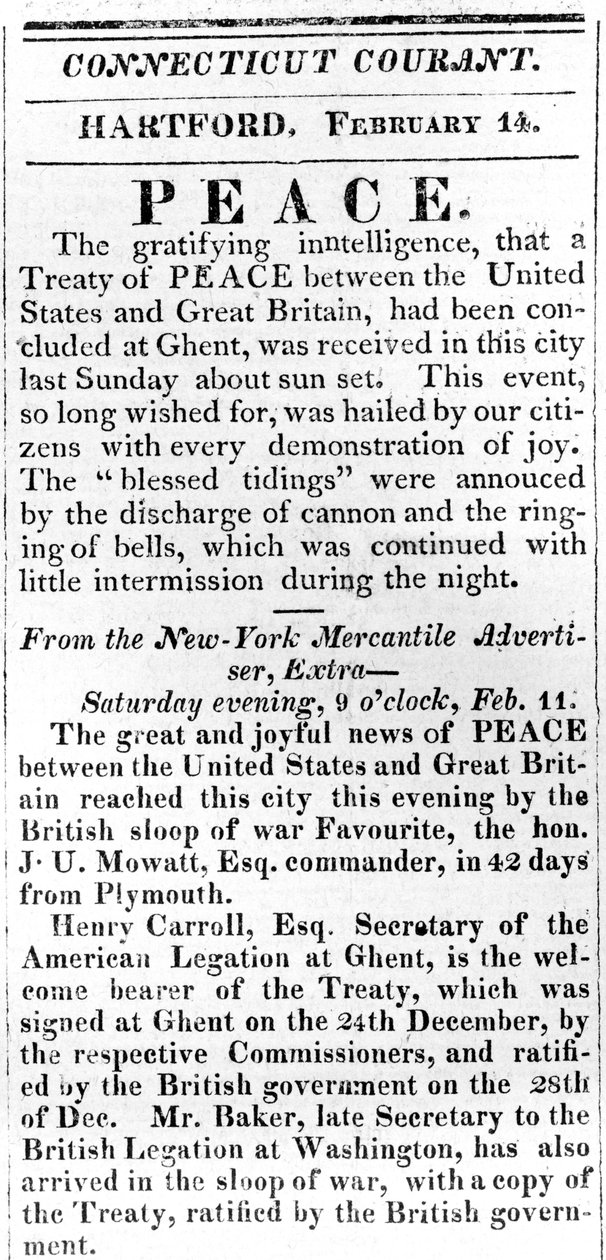 A Broadside az 1812-es háború után békét hirdet az Egyesült Államok és Nagy-Britannia között, kinyomtatva a Connecticut Courantban, 1815 (nyomtatás) alkotó: American School