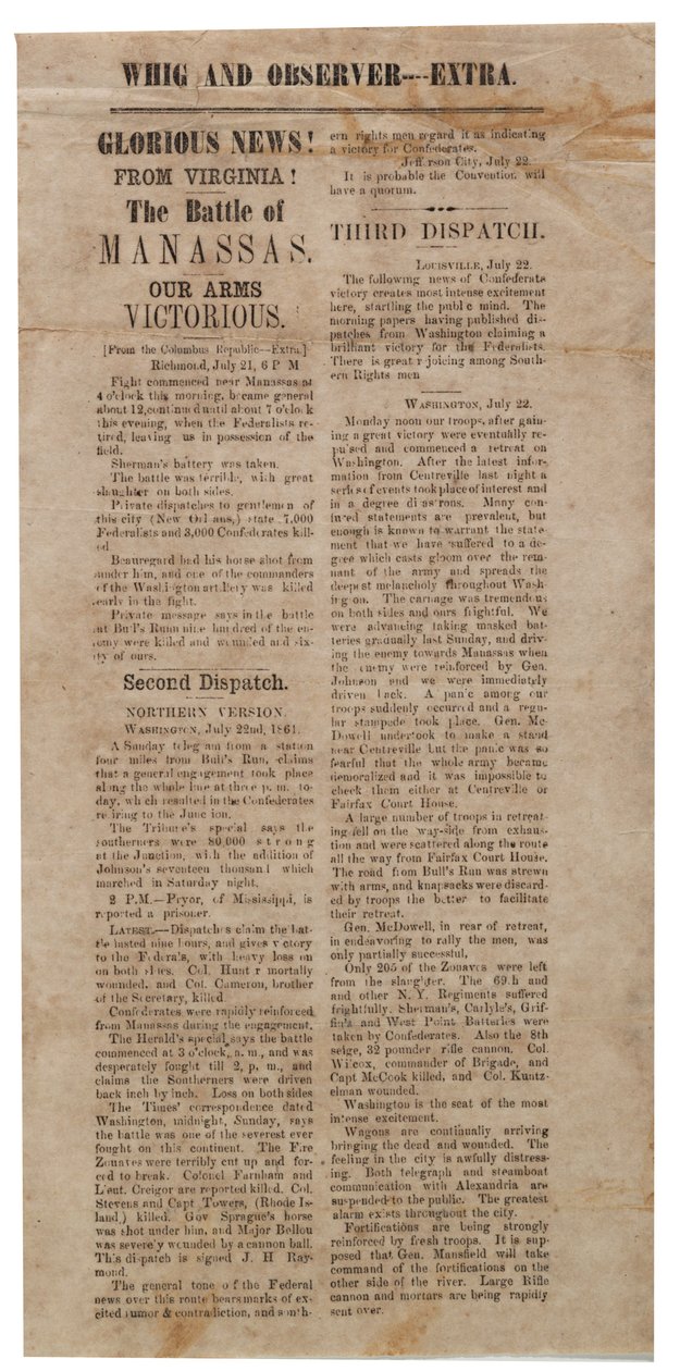 A Broadside bejelentette az első manassasi csatát, Whig és Observer Extra, 1861. július 22. után alkotó: American School