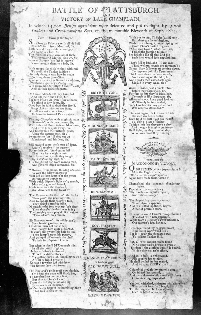 Broadside az 1812-es háborúból, a plattsburghi csatával és a Champlain-tó győzelmével (nyomtatás) alkotó: American School