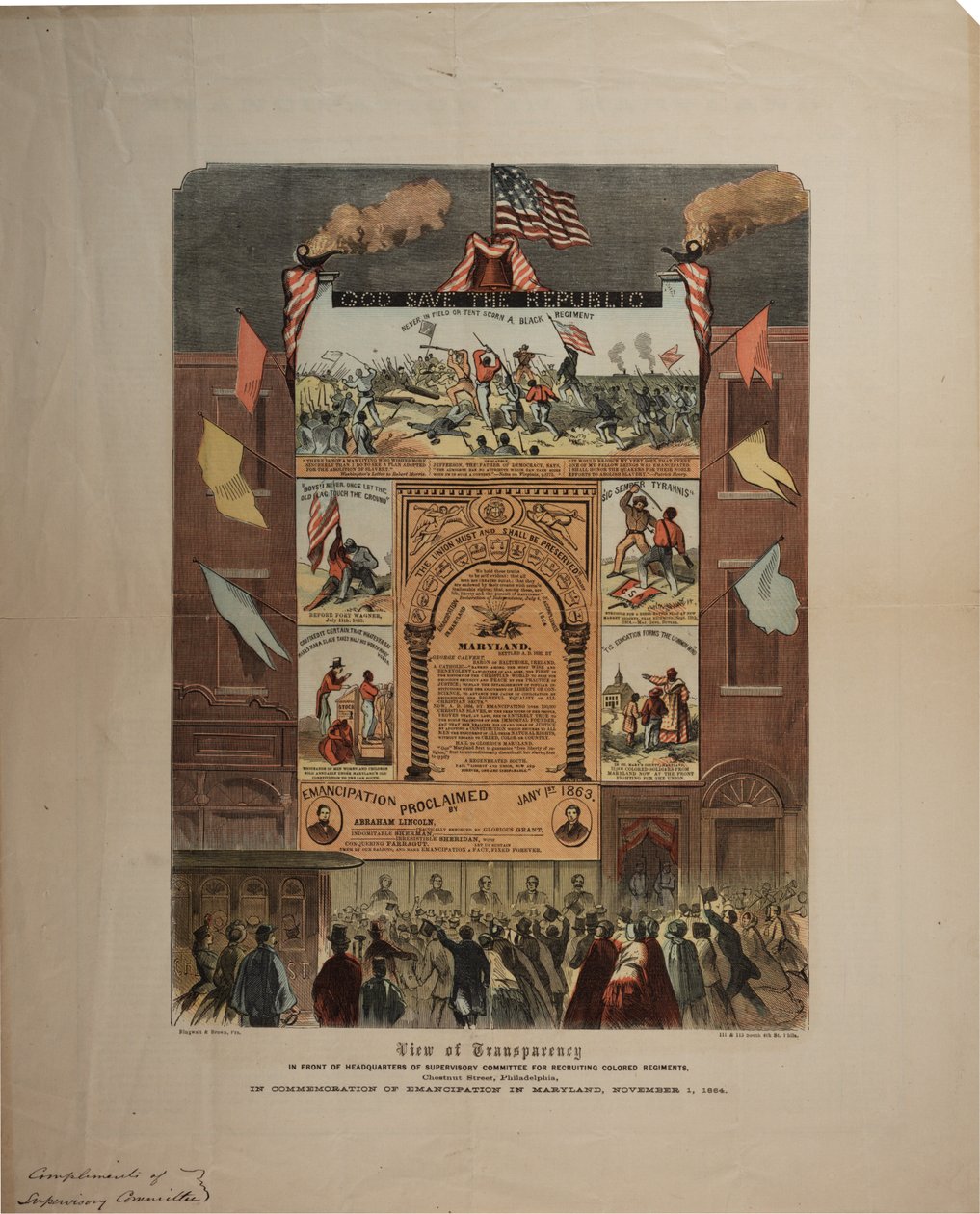 Széleskörű vélemény az afroamerikaiak toborzásával és az emancipáció ünneplésével kapcsolatban Marylandben, Ringwalt & Brownban (fl. 1863-1865), 1864. november 1. körül (lásd még GLC 696015, 696016 és 696017) alkotó: American School