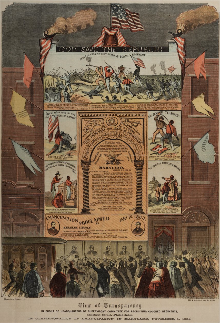 Széleskörű vélemény az afroamerikaiak toborzásával és az emancipáció ünneplésével kapcsolatban Marylandben, Ringwalt és Brownban (fl. 1863-1865), 1864. november 1. körül (lásd még GLC 696014, 696016 és 696017) alkotó: American School