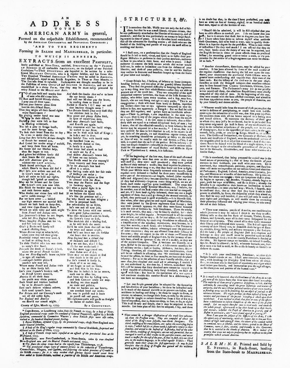 Széles oldal címmel az amerikai hadsereghez, Salem, 1775 (nyomtatott) alkotó: American School