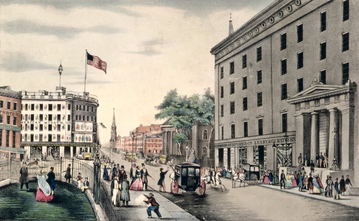 Broadway New York, a Parktól délre, vésett és kocsma. írta: Nathaniel Currier (1813-88) New York, alkotó: American School