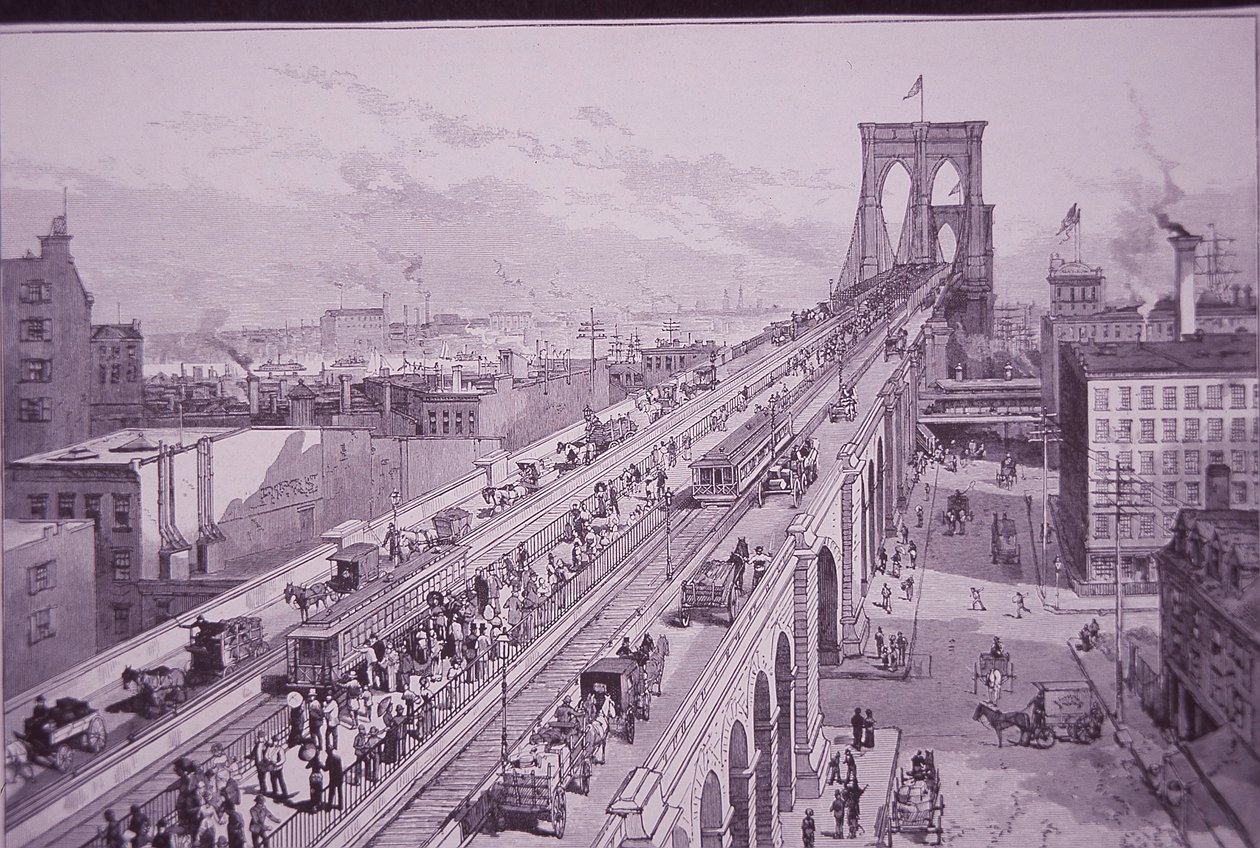 A Brooklyn Bridge közvetlenül a megnyitó ünnepség után, 1883. május 26-án (metszet) alkotó: American School