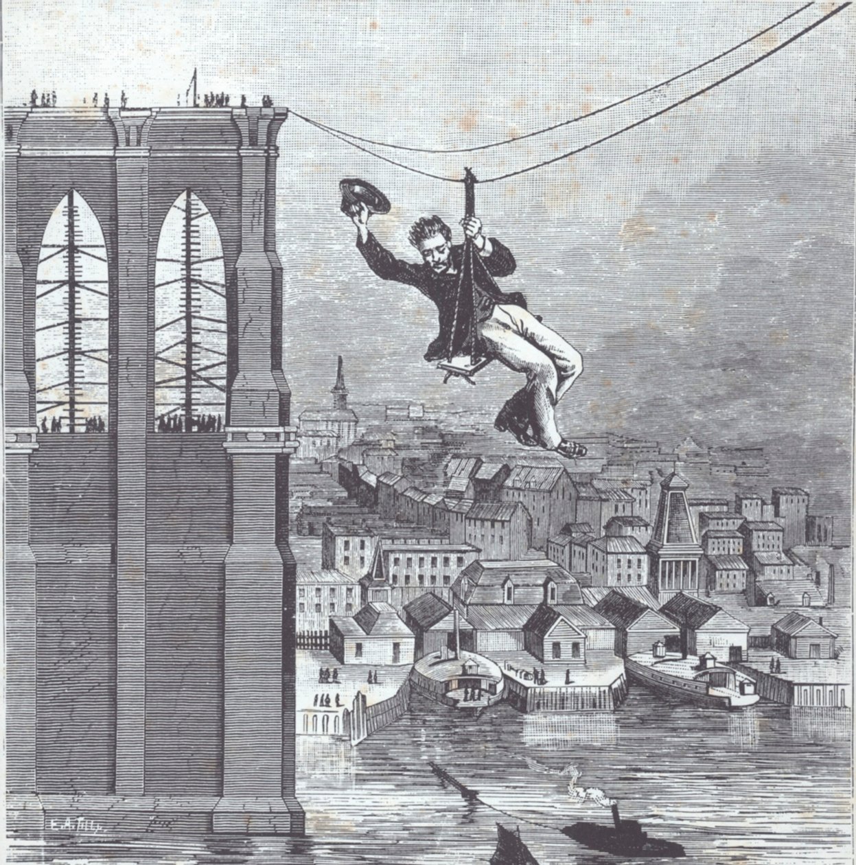 Brooklyn híd épül; Farrington úr, az építési főfelügyelő 1876. augusztus 25-én először lépi át a két oszlop közötti távolságot (metszet) alkotó: American School