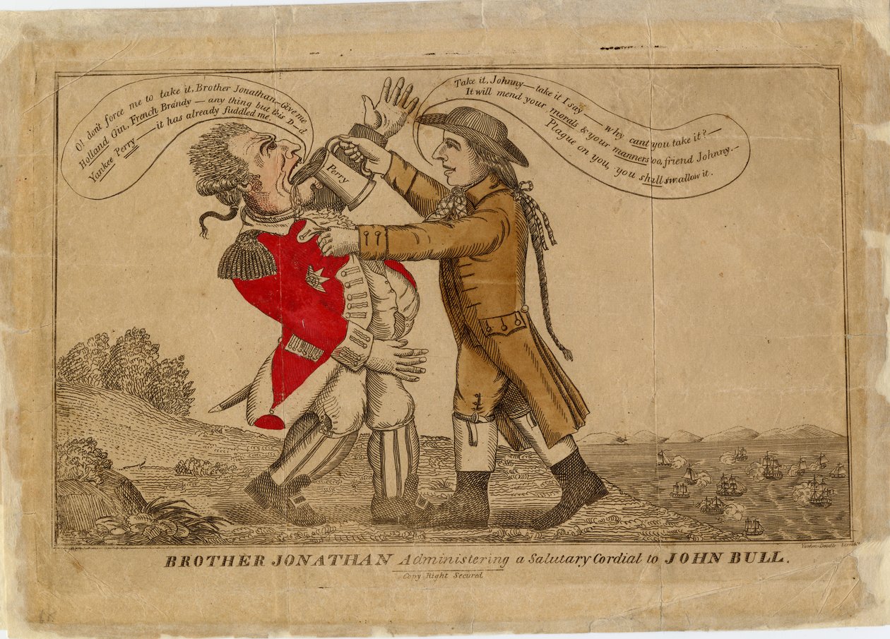 Jonathan testvér üdvözlő üdvözletet mond John Bullnak, 1813 (kézzel színezett metszet) alkotó: American School
