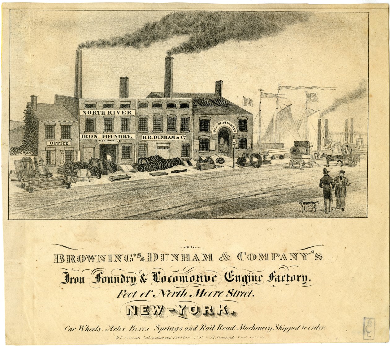 Brownings & Dunham & Companys vasöntöde és mozdonymotorgyár, North Moore Street lábánál, New Yorkban alkotó: American School