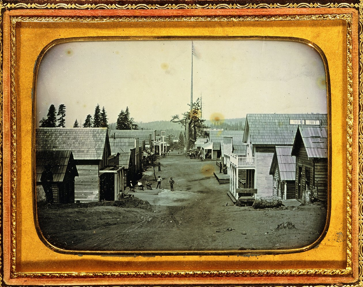 California Gold Mining Town, 1852 körül (féllemezes dagerrotípia, dombornyomott bőrtok) alkotó: American School