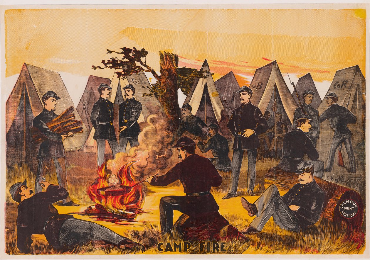 Tábortűz, kocsma. c1865 színes litográfia alkotó: American School