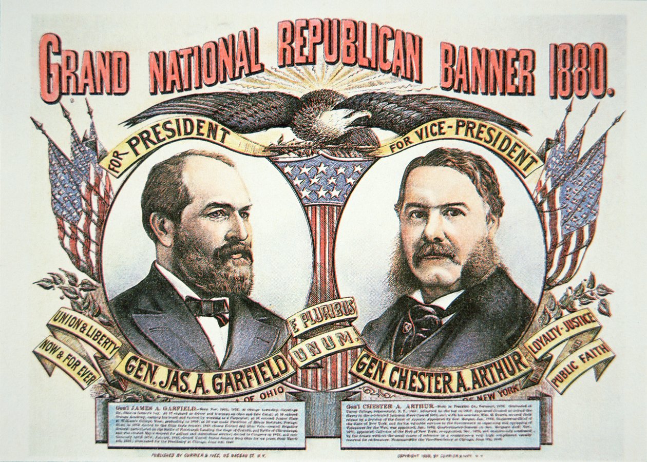 Kampányplakát James A. Garfield elnökjelöltnek (1831-81) és jelöltnek, Chester A. Arthurnak (1829-86) 1880 (színes litó) alkotó: American School