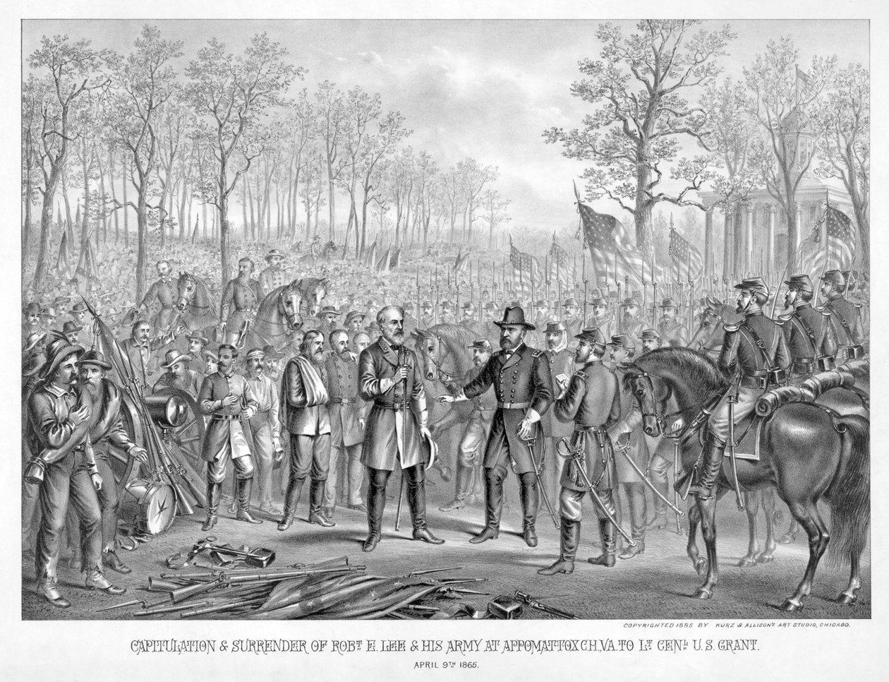 Robert kapitulációja és megadása. E. Lee & His Army at Appomattox Chi., Va. – US Grant altábornagy, 1865. április 9., pub. 1885 (metszet) alkotó: American School