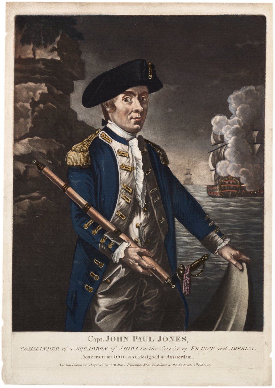 John Paul Jones kapitány, a Franciaország és Amerika szolgálatában álló hajószázad parancsnoka, 1780 (kézzel színezett mezzotint) alkotó: American School