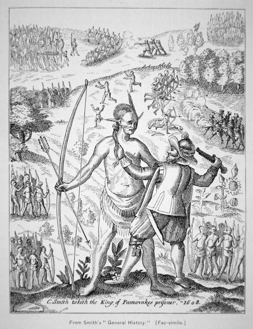 John Smith kapitány (1580-1631) elfog egy indián törzsfőnököt 1608-ban Smith „General Historie of Virginia, New England & the Summer Isles” című művéből. alkotó: American School