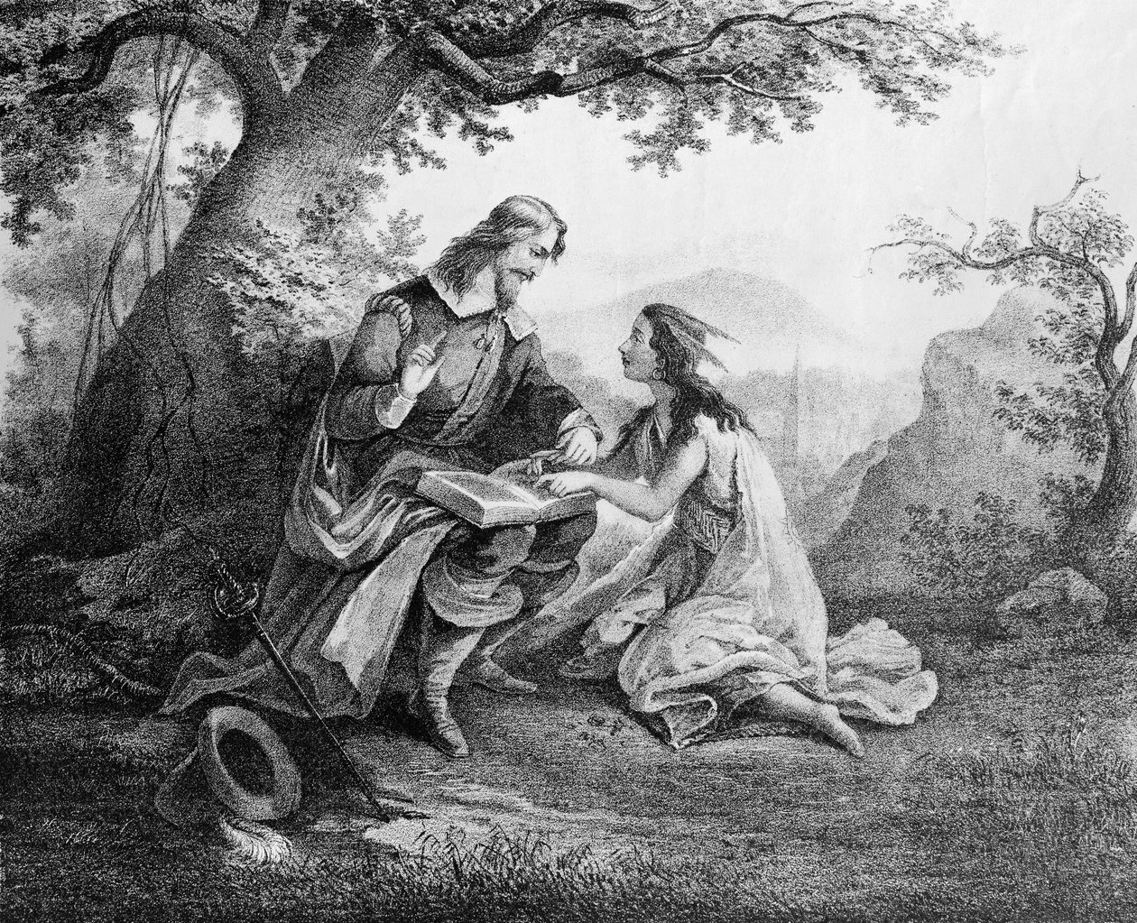 John Smith kapitány (1580-1631) olvasni tanította Pocohontast (1595-1617 körül) alkotó: American School