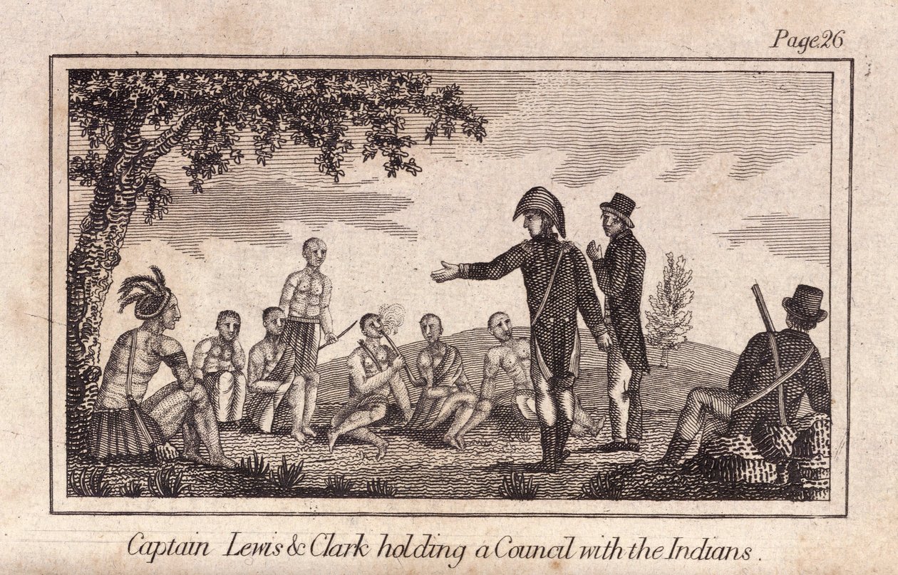 Lewis és Clarke kapitány tanácsot tart az indiánokkal, kocsma. 1812 (metszet) alkotó: American School