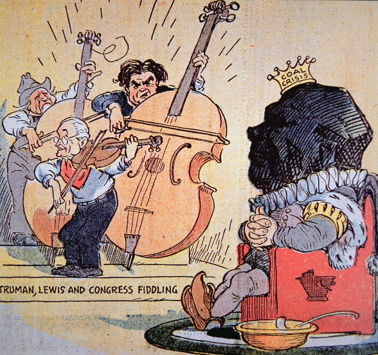Harry S. Truman (1884-1972) karikatúrája John Llewellyn Lewisszal (1880-1969) és a kongresszusi hegedűssel alkotó: American School