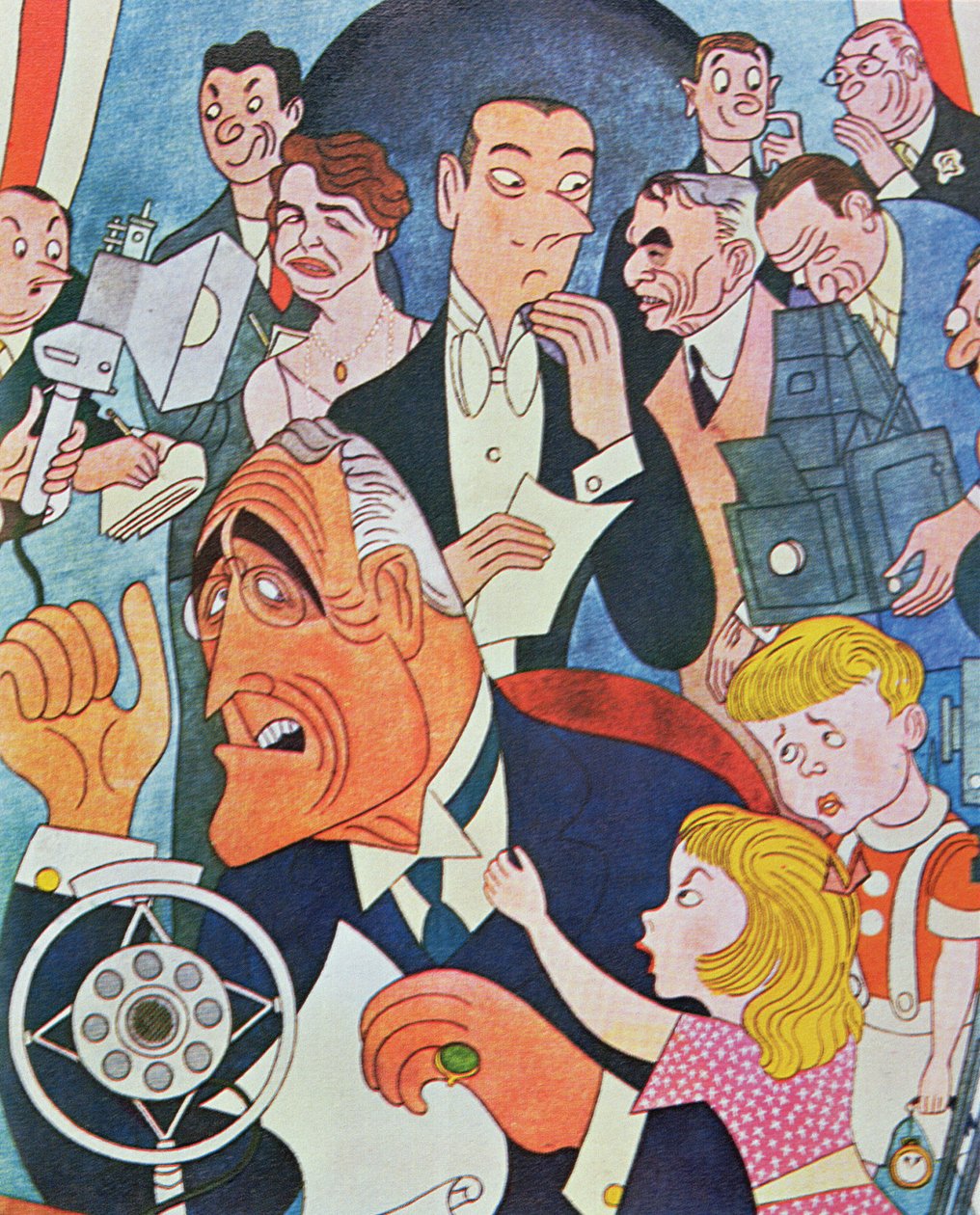 Rajzfilmes komment Roosevelt elnök „Fireside Chats” rádióadásaihoz a nemzethez (színes litho) alkotó: American School
