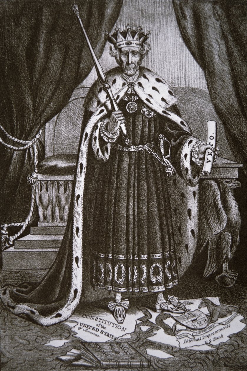 Andrew Jackson tábornokot "Első András királyként" ábrázoló rajzfilm alkotó: American School