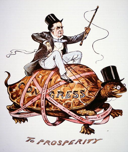 Rajzfilm, amely William Mckinley elnököt (1843-1901) ábrázolja, aki megpróbálja átvinni politikáját a kongresszuson (színes litó) alkotó: American School