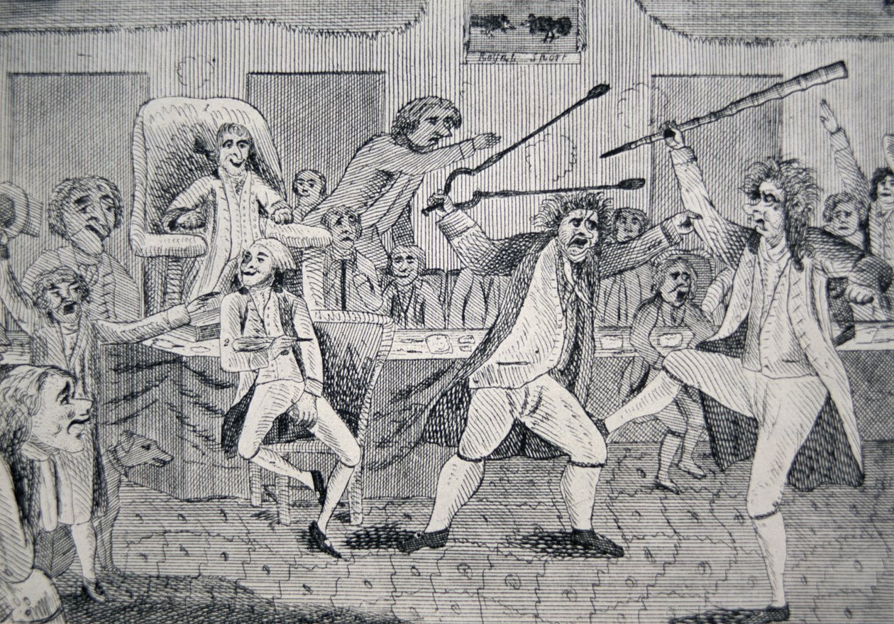 Karikatúra, amely a „republikánus Matthew Lyon és a föderalista Roger Griswold harcát a kongresszus padlóján” ábrázolja. alkotó: American School