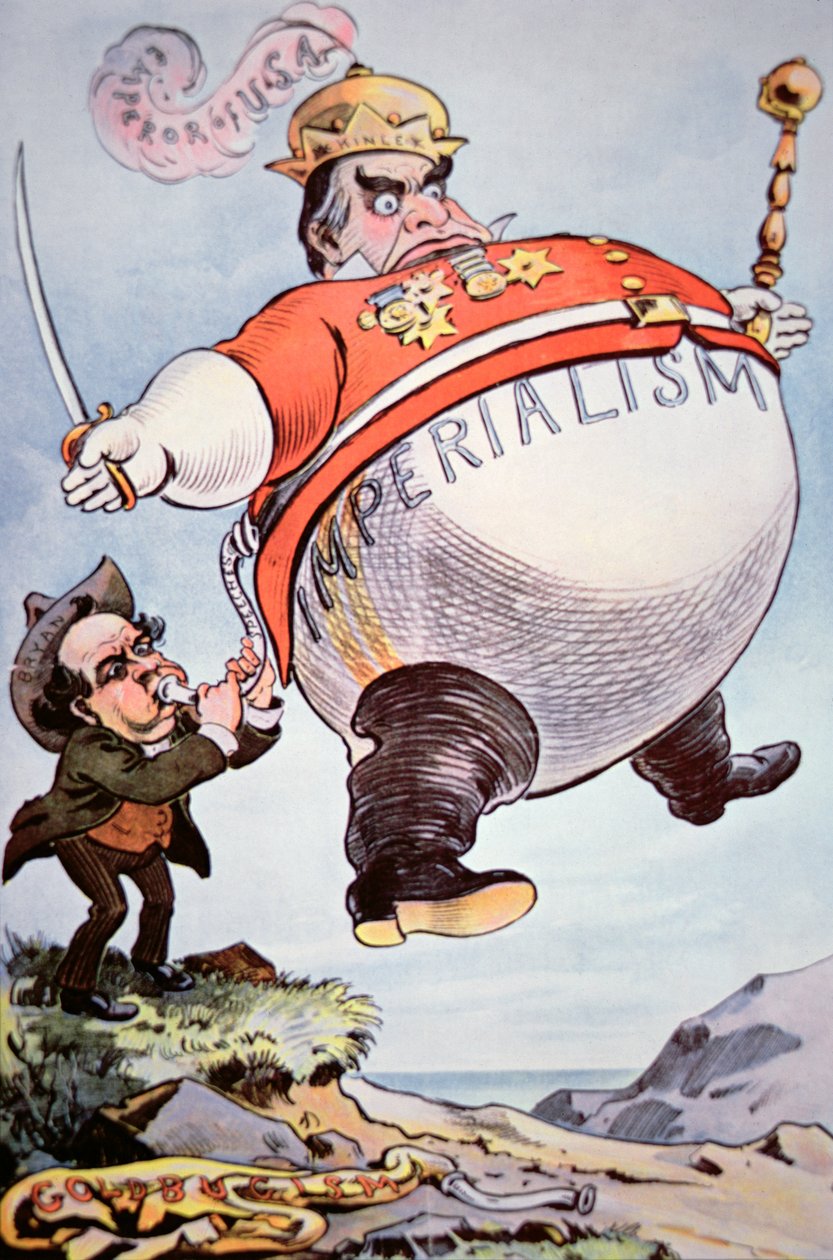 A rajzfilm William Jennings Bryant (1860-1925) ábrázolja, amint felrobbantja az „imperialista szélzsákot” William Mckinley-t (1843-1901) a „Puck”-ból. alkotó: American School